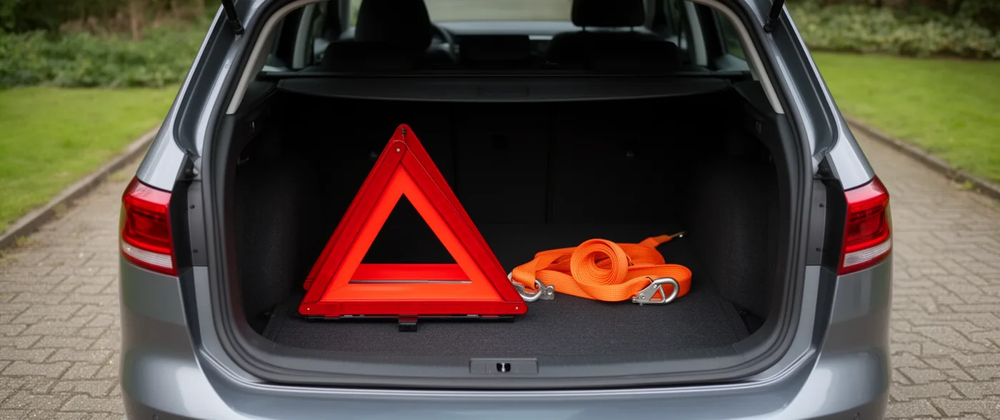 The open boot of a car on a driveway holding a folded red warning triangle and a coiled orange tow strap.