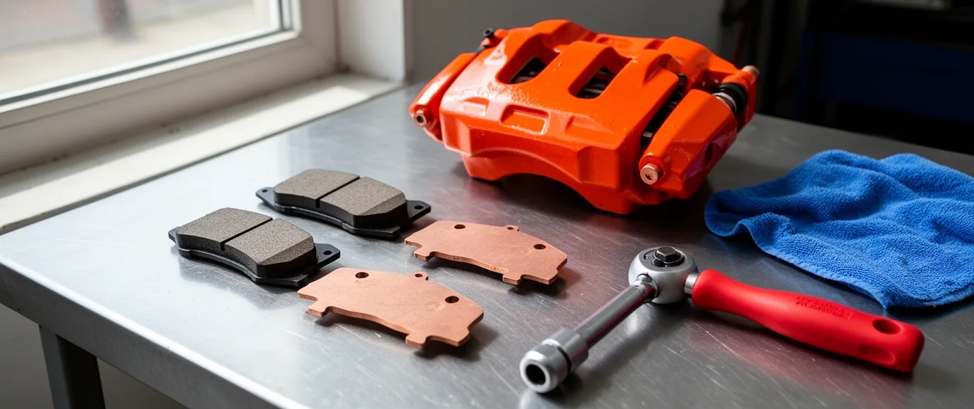 An orange brake caliper on a steel bench beside four brake pads, a ratchet and a folded blue cloth.