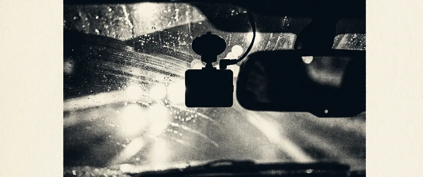 A small dash camera mounted high on a windscreen at night, seen from inside the car, with oncoming headlights smearing across wet glass.