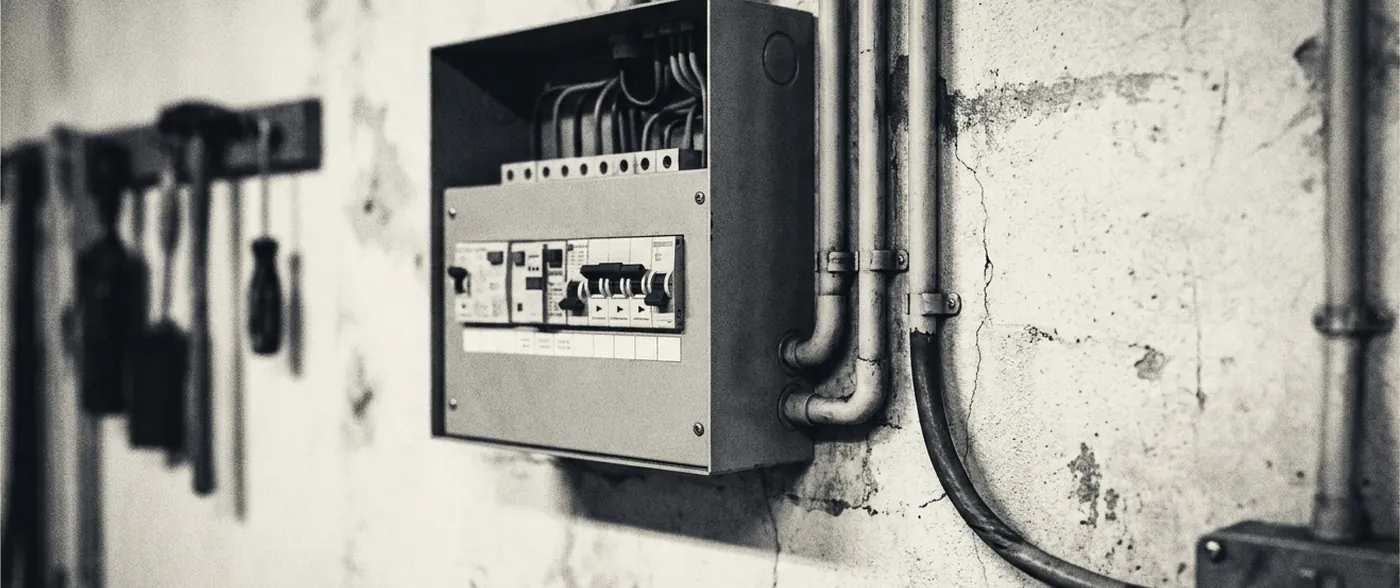 A domestic garage wall with an open consumer unit, rows of breakers and conduit running down bare plaster.