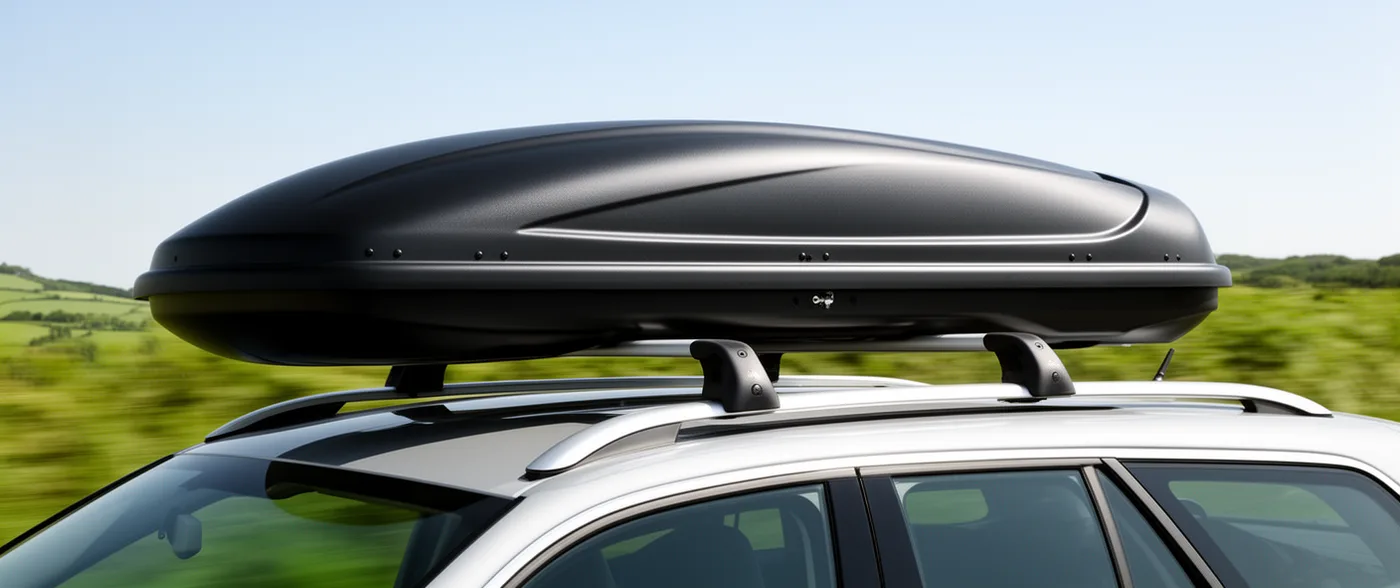 A plain black roof box mounted on silver roof bars, seen along the roof of a moving car with the countryside blurred beyond.