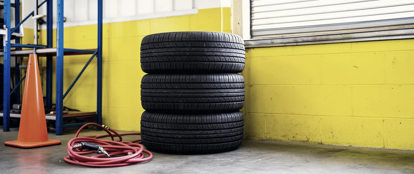 Four car tyres stacked against a workshop wall beside a coiled air hose and a traffic cone.