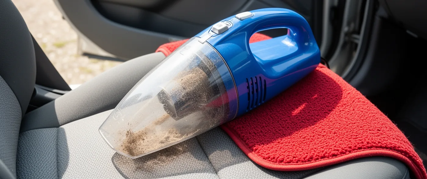 A handheld car vacuum lying on a red microfibre mat on a car seat, its clear bowl half full of grit.